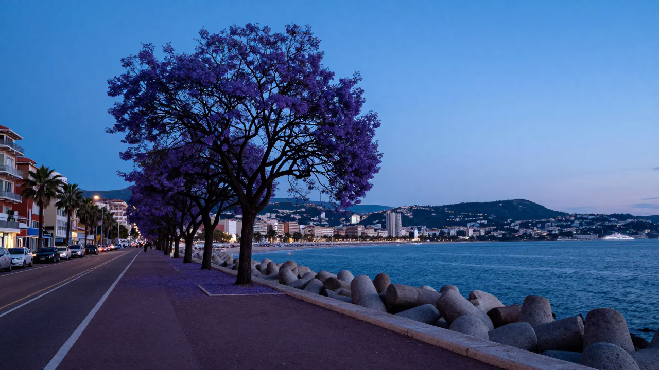 Evening Blue Hour in Nice France with Jacaranda Tree and Harbor Breakwater in in Nice, France