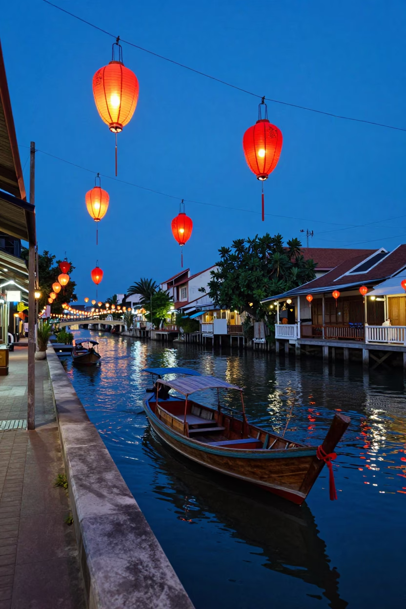 Evening Blue Hour in Phuket Thailand Street Scene with Paper Lanterns Floating on Water in in Phuket, Thailand