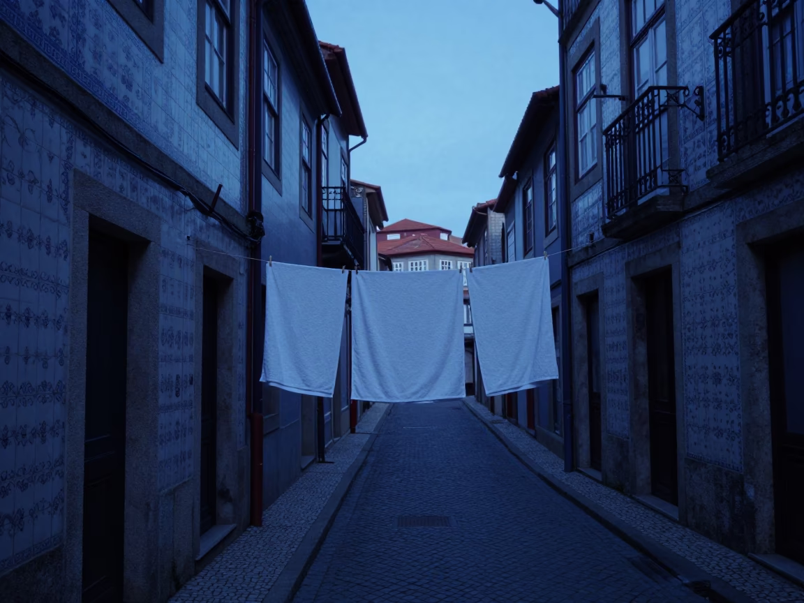Evening Blue Hour in Porto Portugal with Drying Towels and Peg Rails in in Porto, Portugal