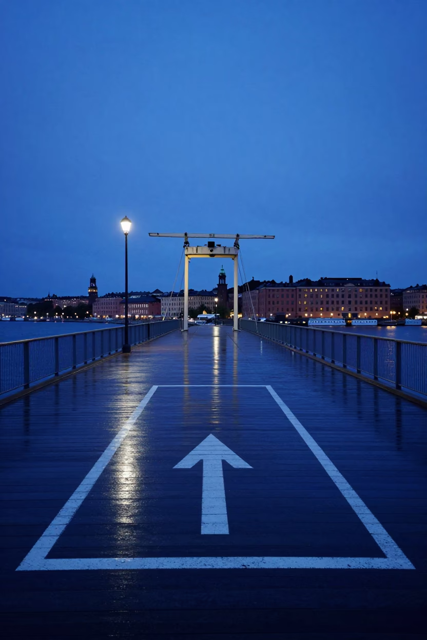 Evening Blue Hour in Stockholm Sweden Drawbridge Deck Markings and Harbor Drizzle in in Stockholm, Sweden