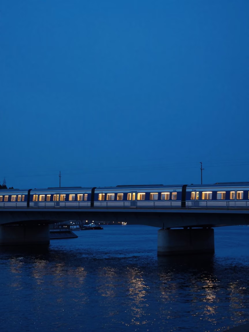 Evening Blue Hour in Stockholm Sweden with Lit Train Windows Crossing Bridge in in Stockholm, Sweden
