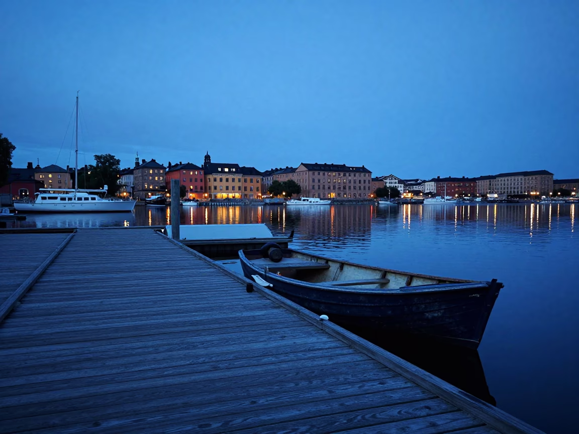 Evening Blue Hour in Stockholm Sweden with Wooden Dock and City Skyline Reflections in in Stockholm, Sweden