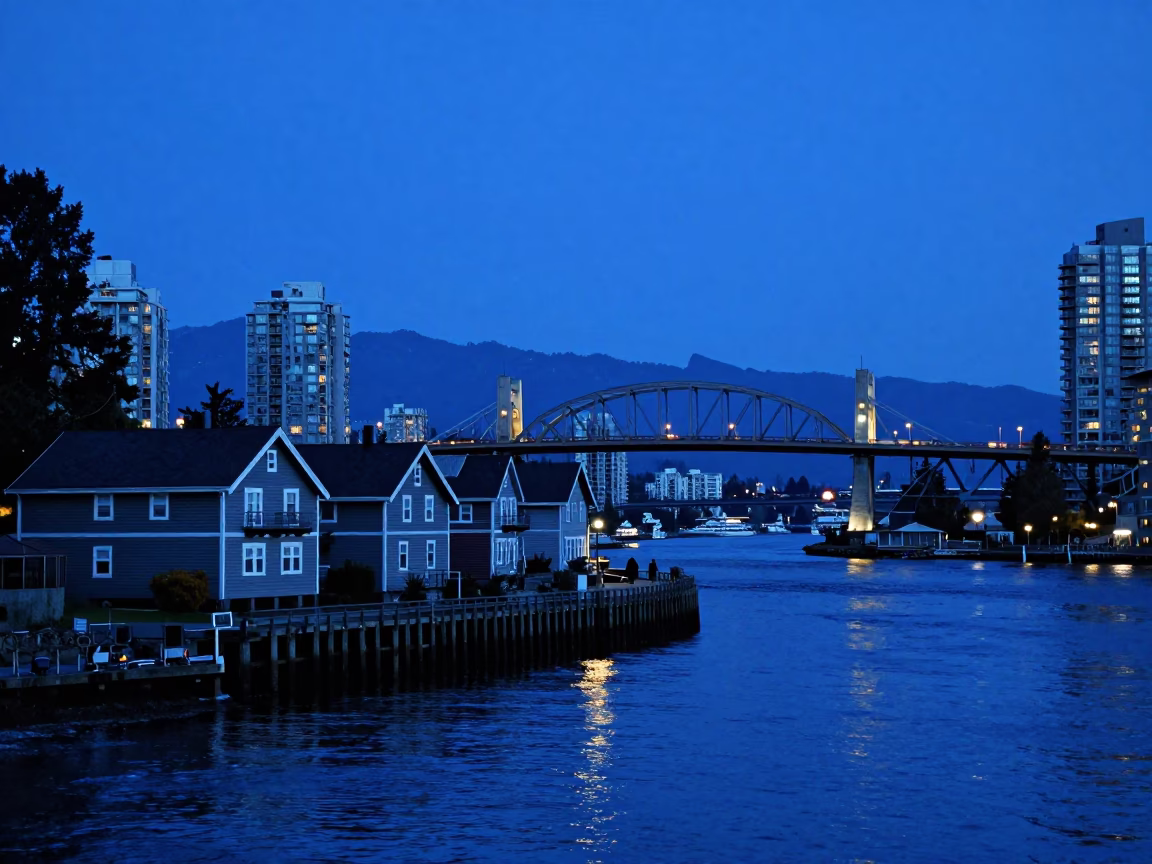 Evening Blue Hour in Vancouver British Columbia Drawbridge Counterweight House Tidal Channel in in Vancouver, British Columbia, Canada