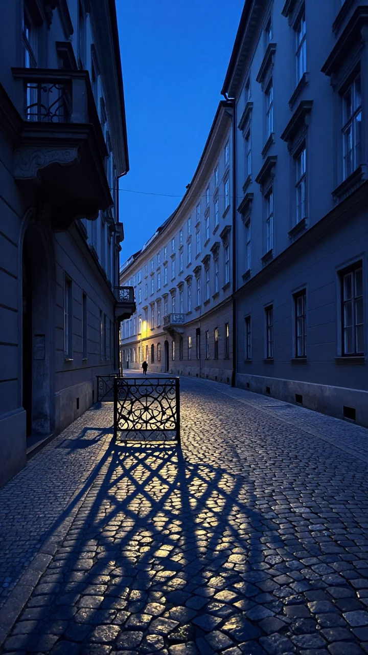 Evening Blue Hour in Vienna Austria Wicker Shadow on Cobblestone Street in in Vienna, Austria