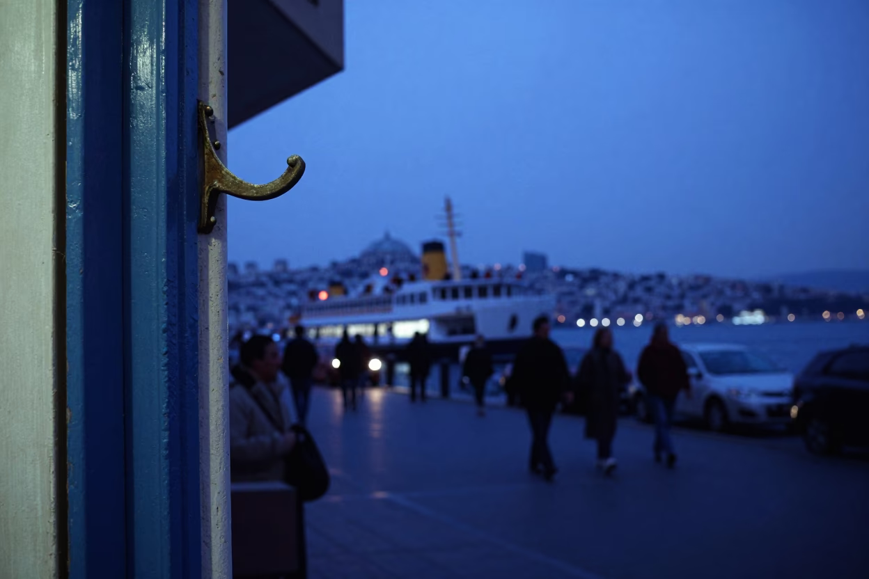 Evening Blue Hour Istanbul Street Scene with Ferry Piling System and Local Life in in Istanbul, Turkey