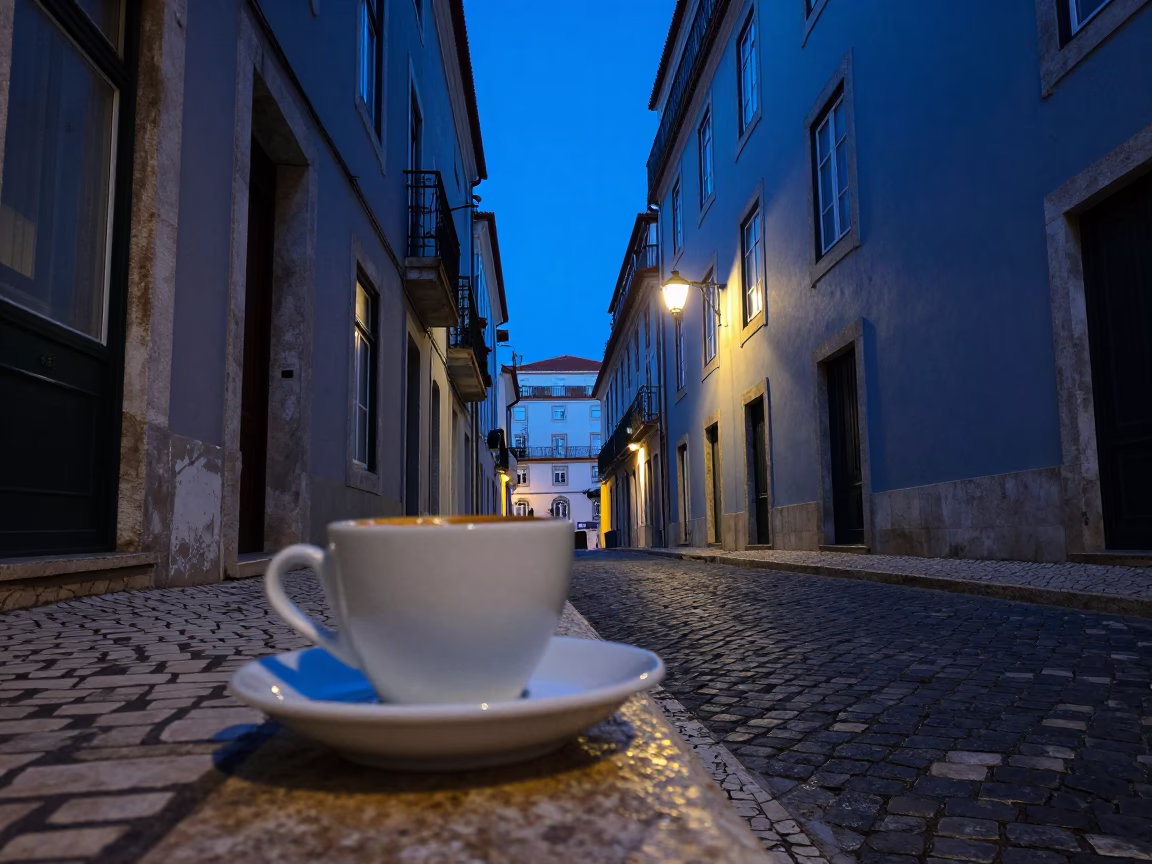 Evening Blue Hour Lisbon Street Scene with Vintage Details and Local Atmosphere in in Lisbon, Portugal