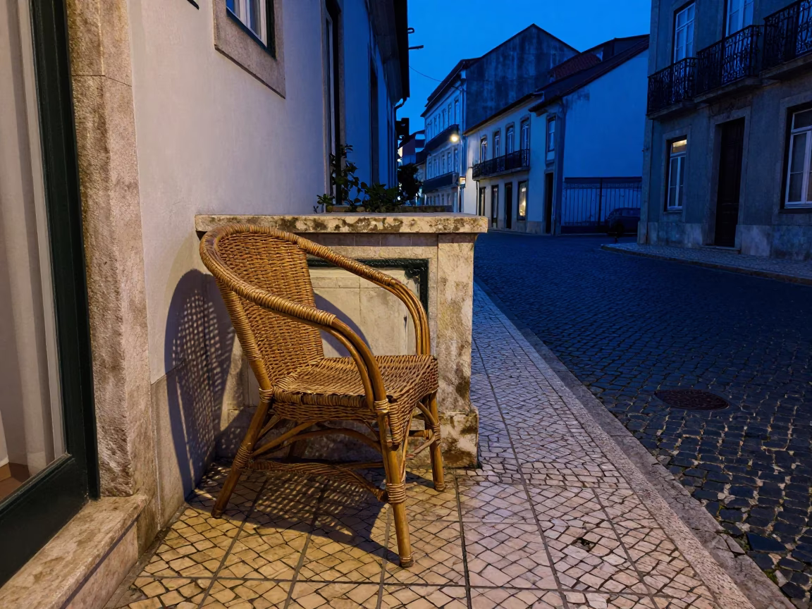 Evening Blue Hour Lisbon Street Scene with Wicker Shadow and Traditional Details in in Lisbon, Portugal