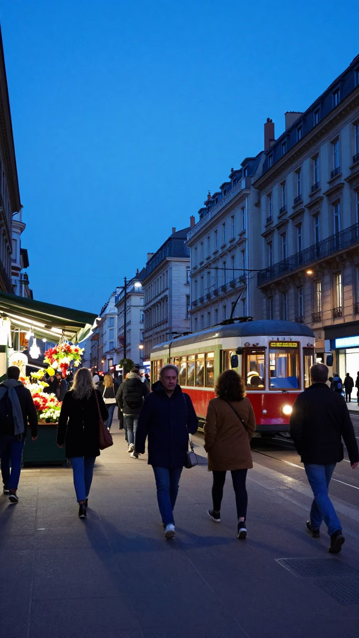 Evening Blue Hour Lyon France Tram Flower Market Stop Ceramic Pitcher and Urban Life in in Lyon, France