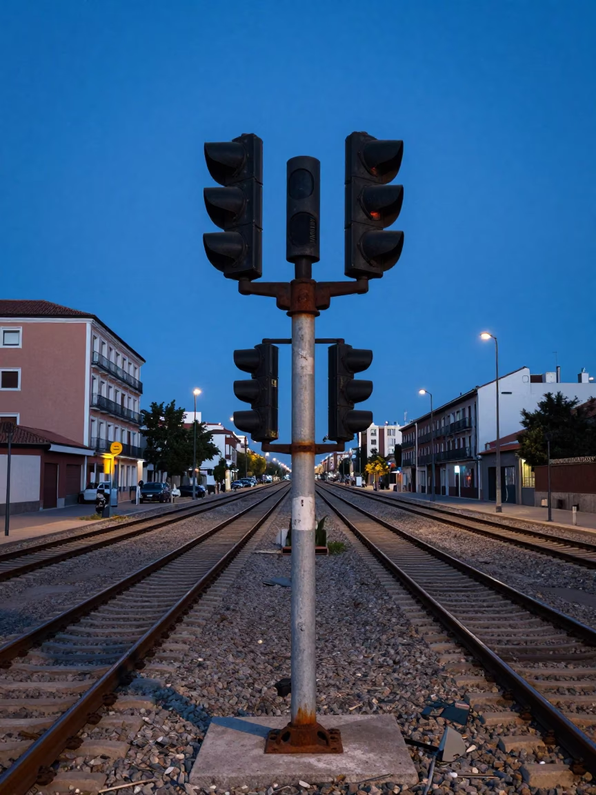Evening Blue Hour Madrid Street Scene with Signal Gantry and Rail Lines in in Madrid, Spain