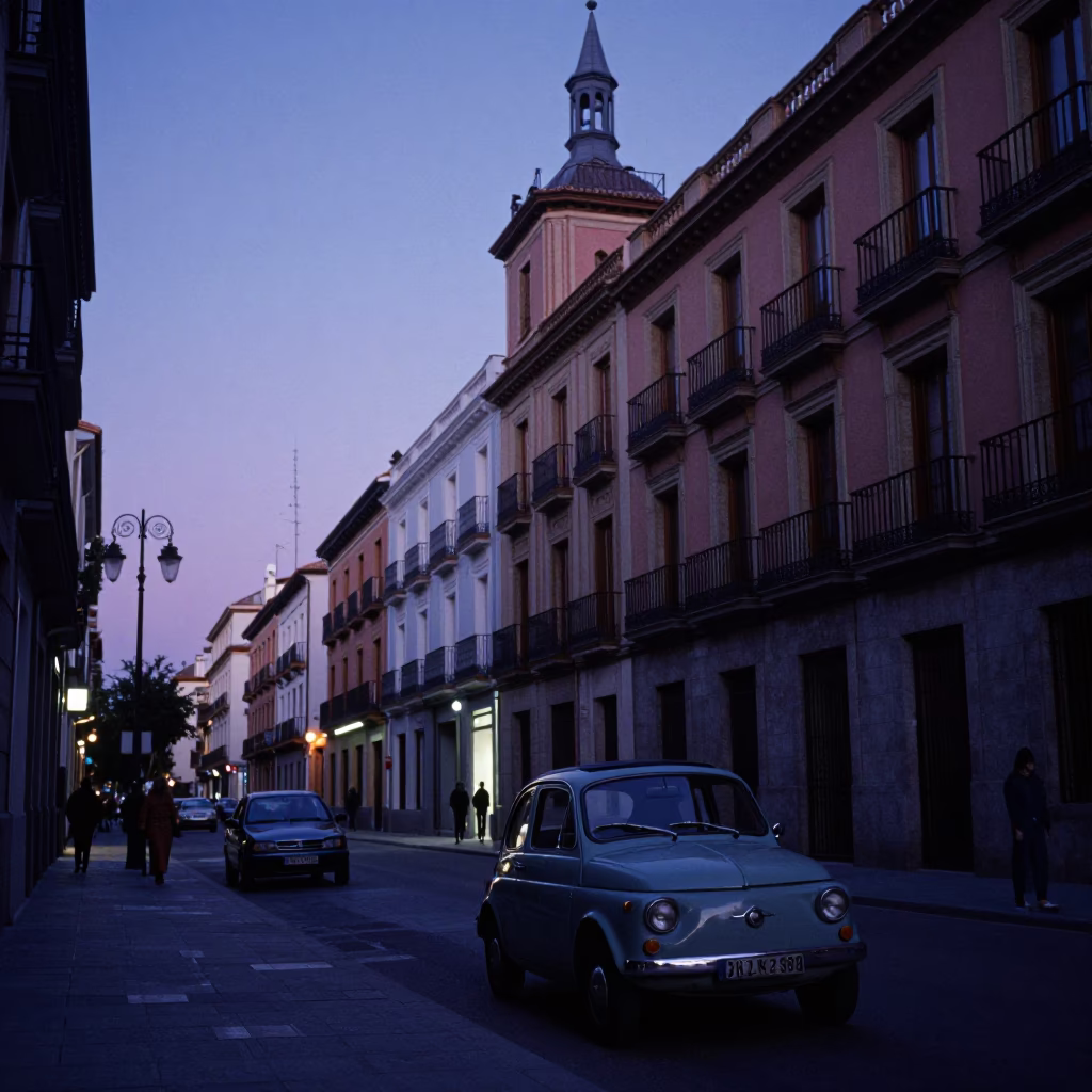 Evening Blue Hour Madrid Street Scene with Vintage Car and Urban Architecture in in Madrid, Spain
