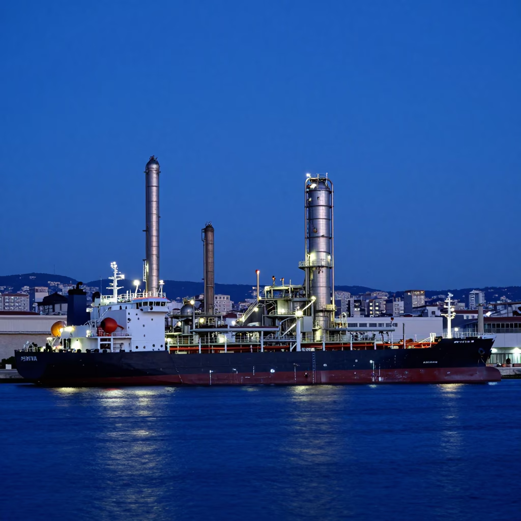 Evening Blue Hour Marseille Old Port Tanker Ship Refinery Dock Street Scene in in Marseille, France