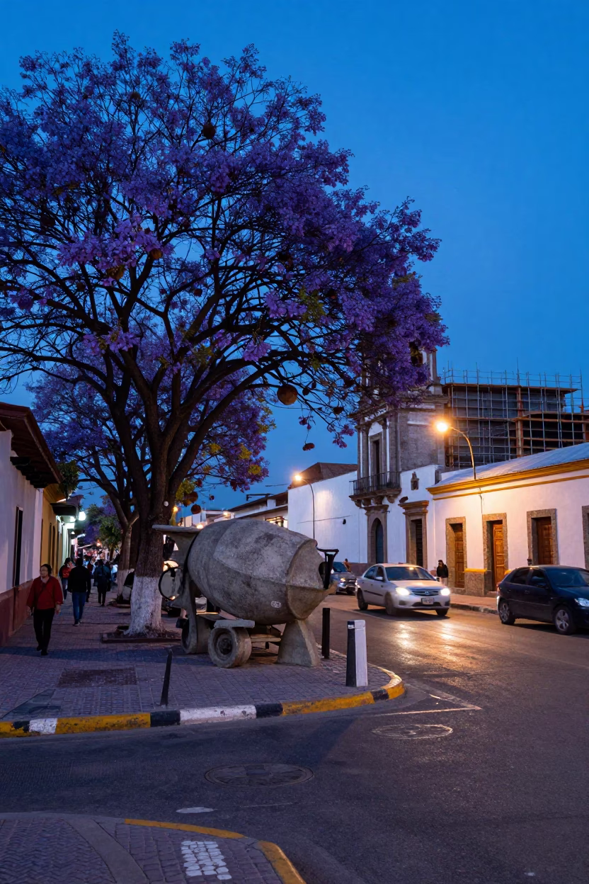 Evening Blue Hour Quito Ecuador Street Scene with Purple Jacaranda Bloom and Local Activity in in Quito, Ecuador