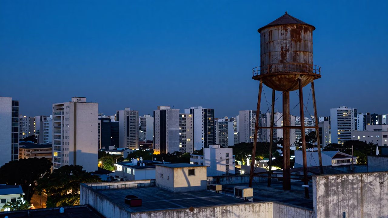 Evening Blue Hour Rooftop Water Tower View Over São Paulo Brazil Urban Skyline in in São Paulo, Brazil
