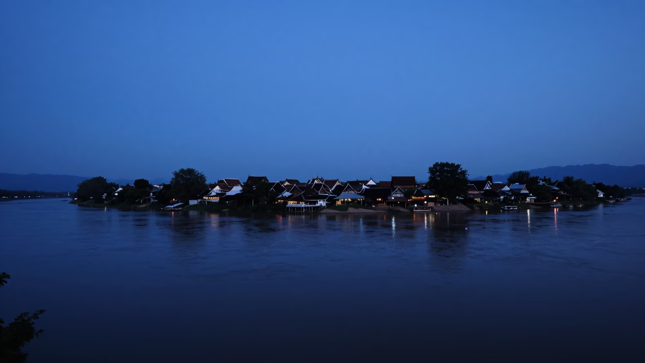 Evening Blue Hour Skyline View of Luang Prabang Laos River and Temples in in Luang Prabang, Laos