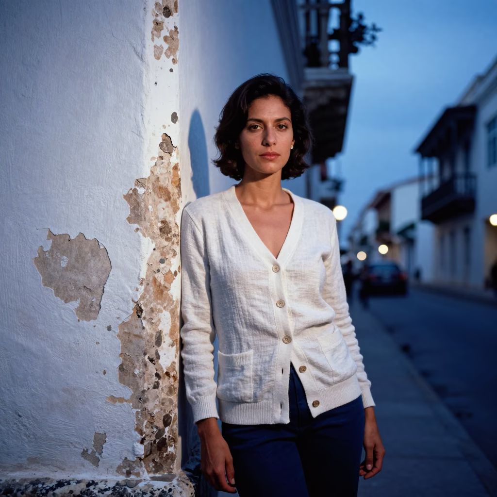 Evening Blue Hour Street Fashion Portrait in Cartagena Colombia with Linen and Porcelain Details in in Cartagena, Colombia