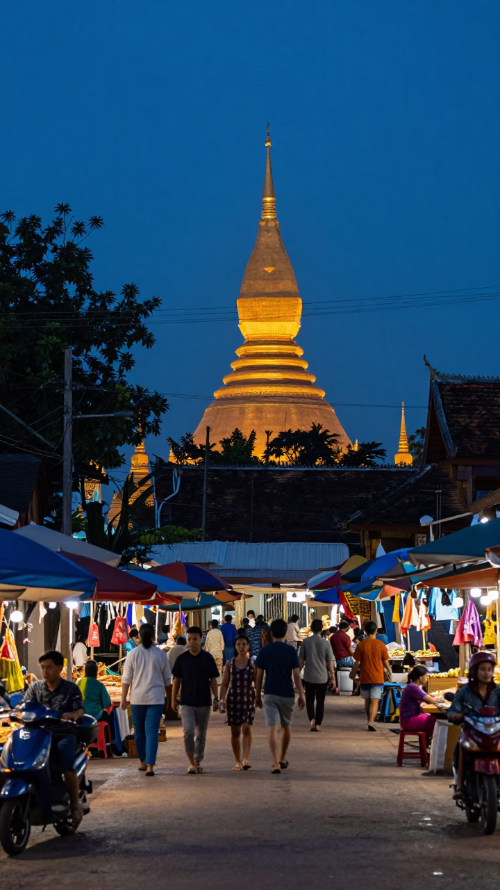Evening Blue Hour Street Photography in Luang Prabang Laos with Local Market Details in in Luang Prabang, Laos