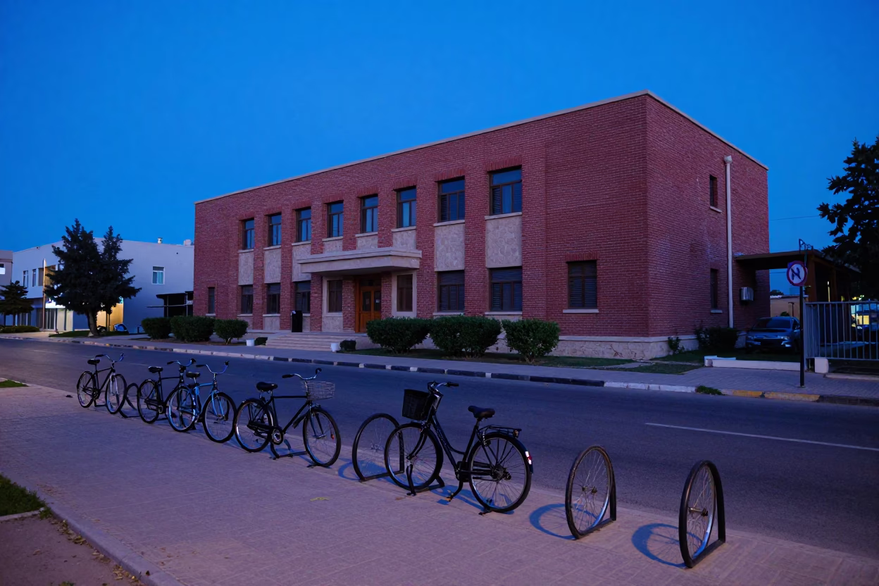 Evening Blue Hour Street Scene in Alexandria Egypt with Bicycle Rack and Brick Building in in Alexandria, Egypt