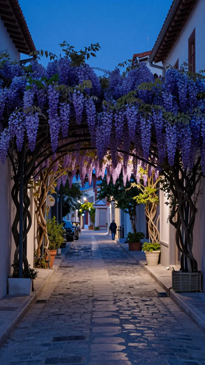 Evening Blue Hour Street Scene in Athens Greece with Wisteria and Local Life in in Athens, Greece