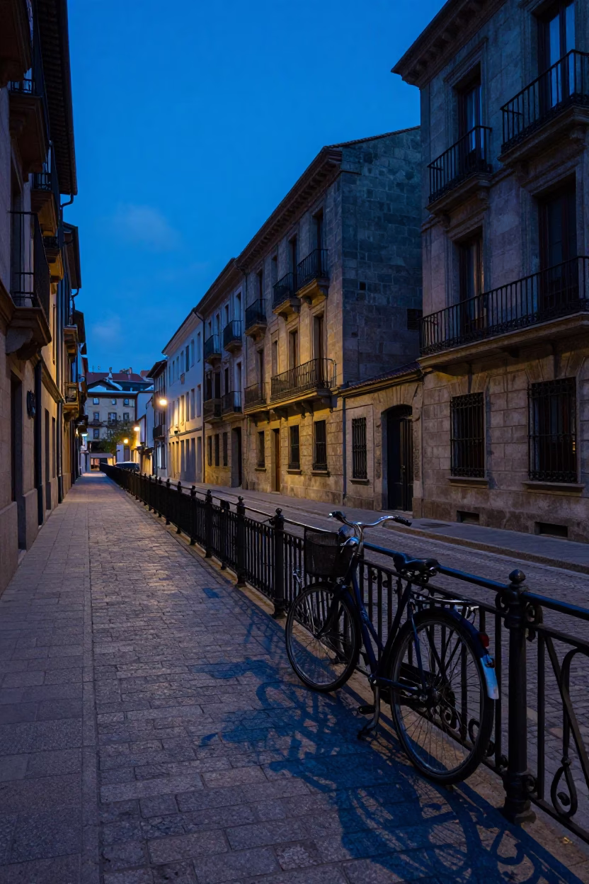 Evening Blue Hour Street Scene in Bilbao Spain with Vintage Atmosphere in in Bilbao, Spain