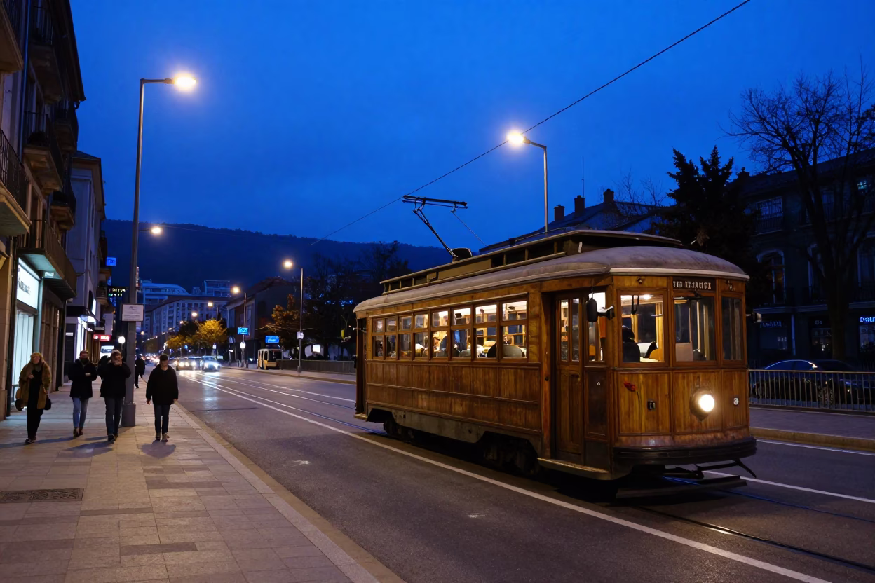 Evening Blue Hour Street Scene in Bilbao Spain with Vintage Trolley Car in in Bilbao, Spain