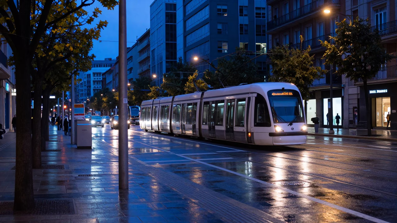 Evening Blue Hour Street Scene in Bilbao with Tram and Construction Site in in Bilbao, Spain