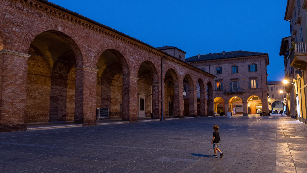 Evening Blue Hour Street Scene in Bologna Italy with Child and Chestnut Tree in in Bologna, Italy