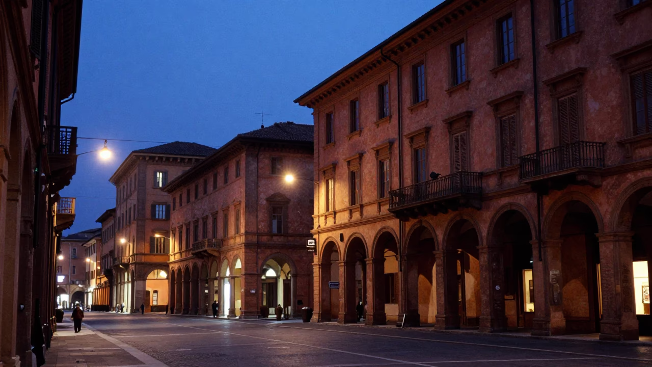 Evening Blue Hour Street Scene in Bologna Italy with Historic Architecture in in Bologna, Italy
