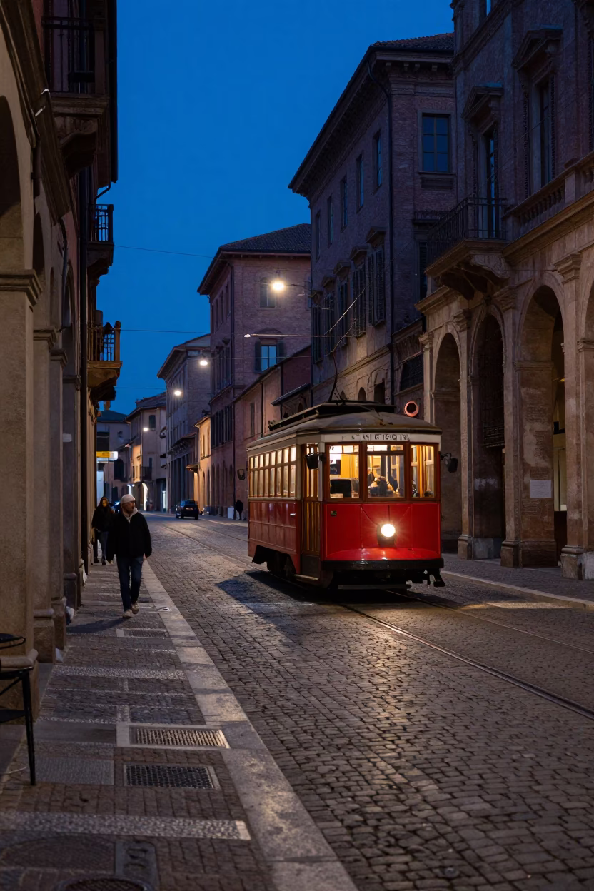 Evening Blue Hour Street Scene in Bologna Italy with Vintage Trolley and Cobblestones in in Bologna, Italy
