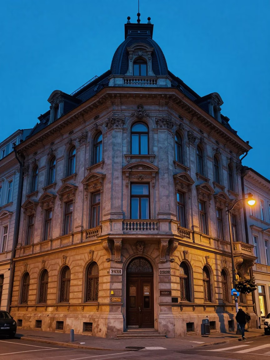 Evening blue hour street scene in Budapest Hungary with historic architecture and local life in in Budapest, Hungary