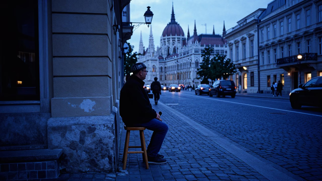 Evening Blue Hour Street Scene in Budapest Hungary with Wooden Stool and Basket in in Budapest, Hungary