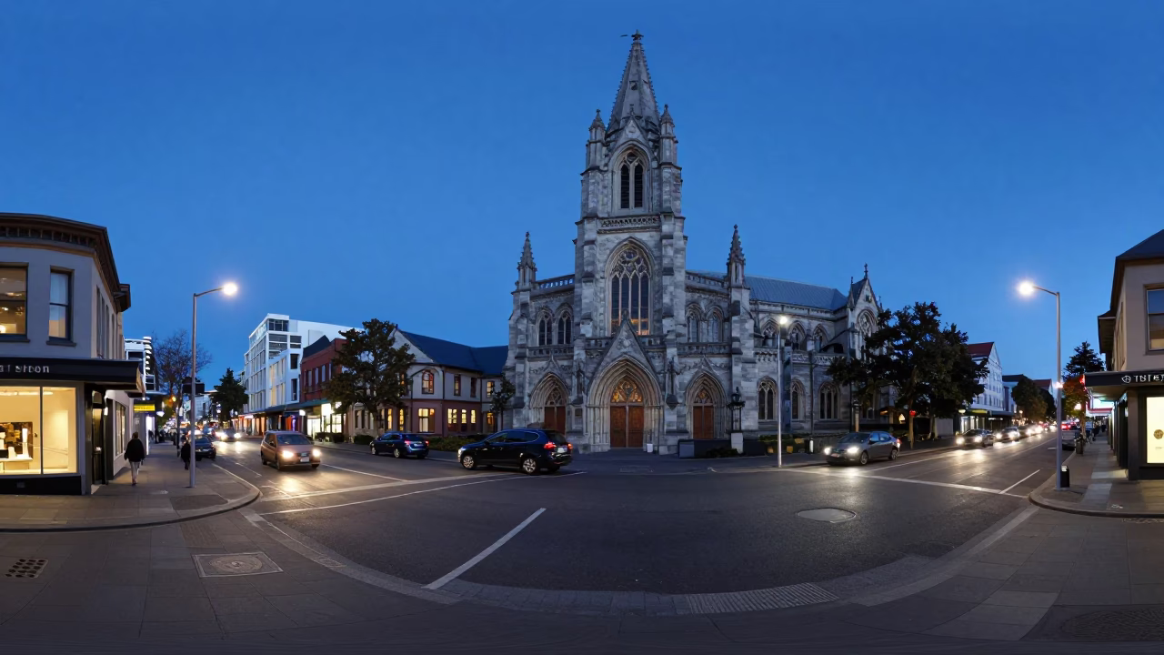 Evening Blue Hour Street Scene in Christchurch New Zealand with Urban Elements in in Christchurch, New Zealand