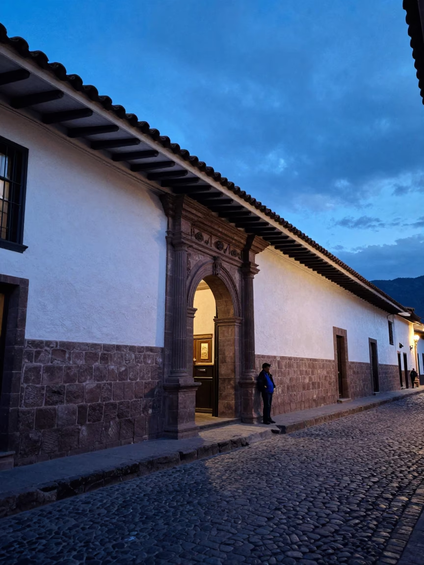 Evening Blue Hour Street Scene in Cusco Peru with Colonial Architecture and Local Life in in Cusco, Peru