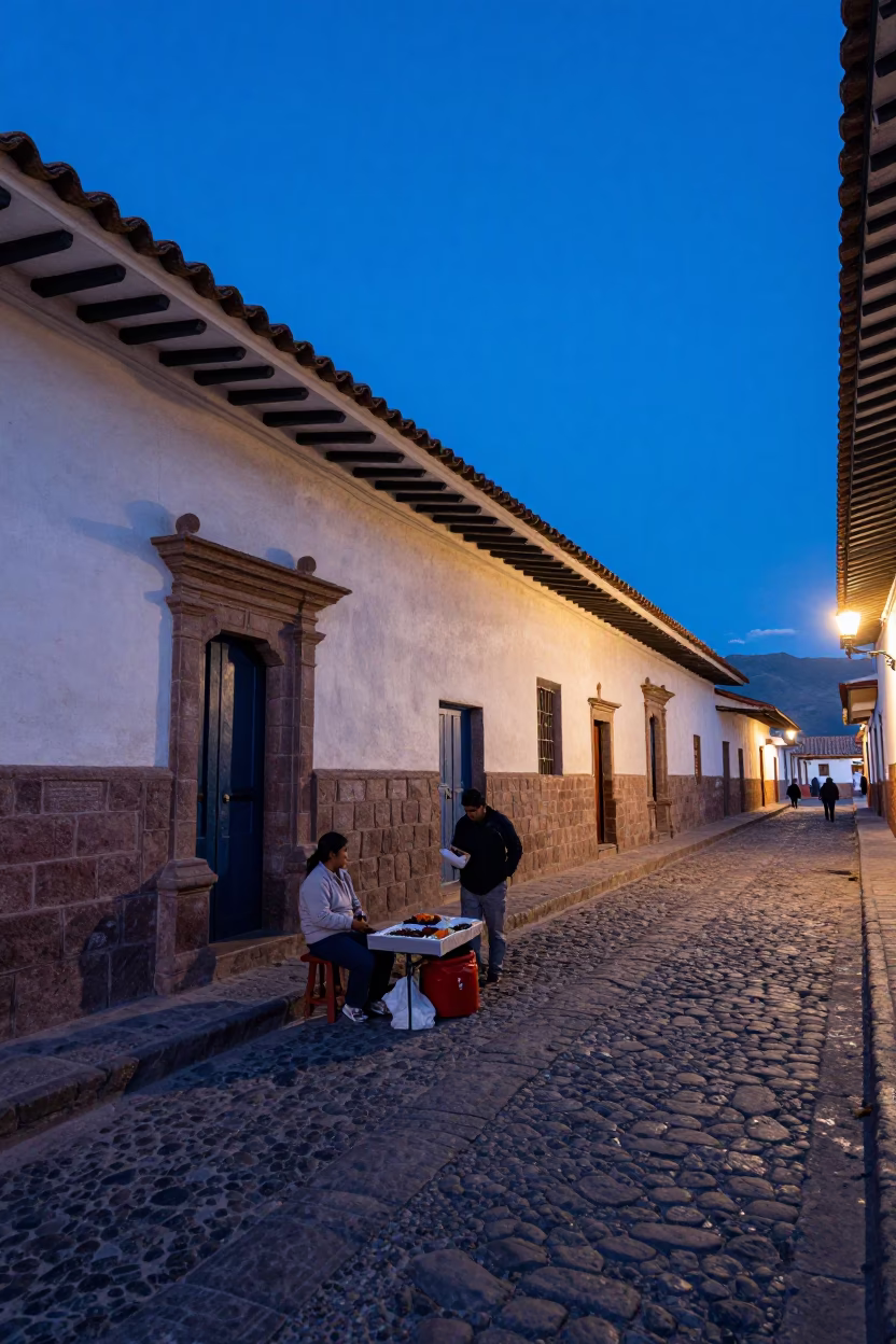 Evening Blue Hour Street Scene in Cusco Peru with Local Vendor and Traditional Elements in in Cusco, Peru
