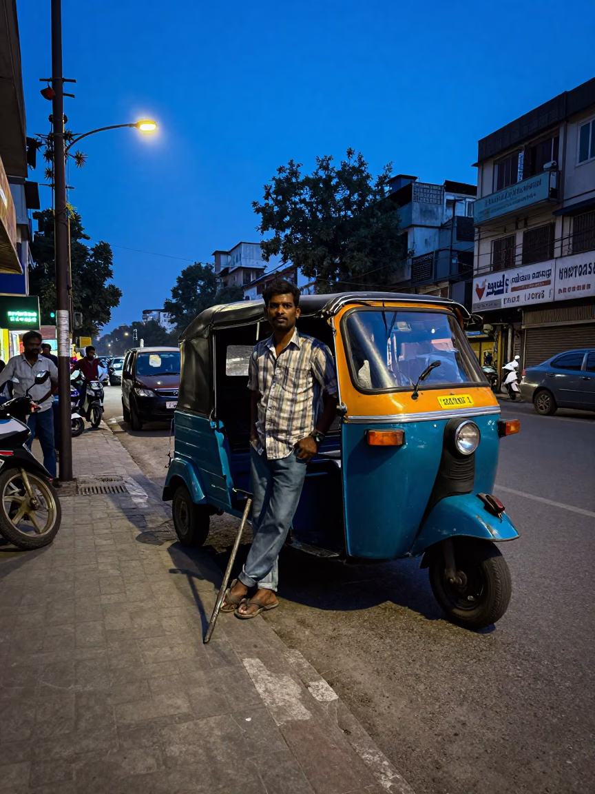 Evening Blue Hour Street Scene in Delhi India with Crowbar and Pigeons in in Delhi, India
