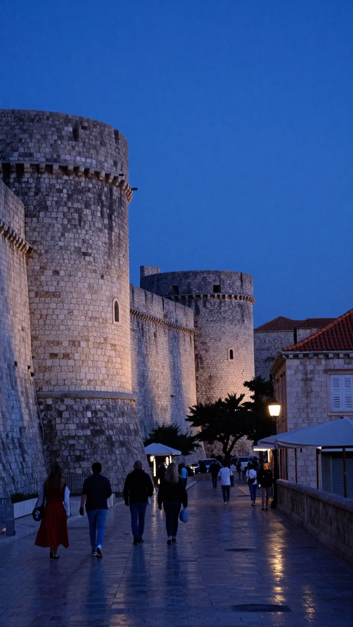 Evening Blue Hour Street Scene in Dubrovnik Croatia with Local Details in in Dubrovnik, Croatia