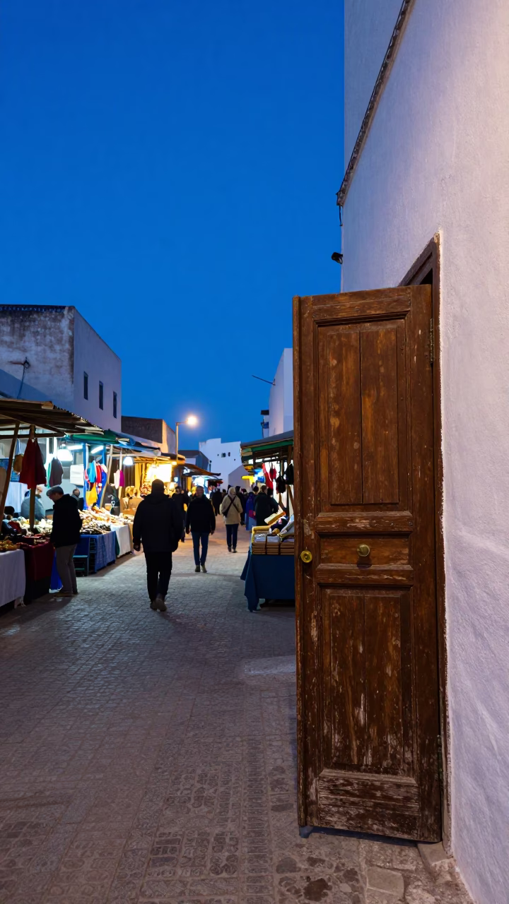 Evening Blue Hour Street Scene in Essaouira Morocco with Local Market Details in in Essaouira, Morocco