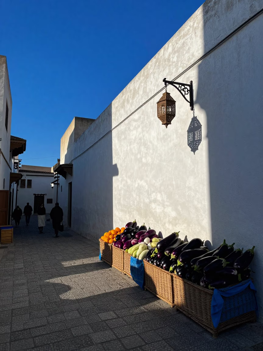Evening Blue Hour Street Scene in Fez Morocco with Eggplants and Wicker Shadows in in Fez, Morocco