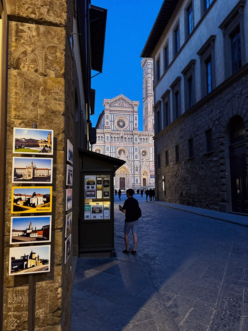 Evening Blue Hour Street Scene in Florence Italy with Postcards and Fingerprints in in Florence, Italy