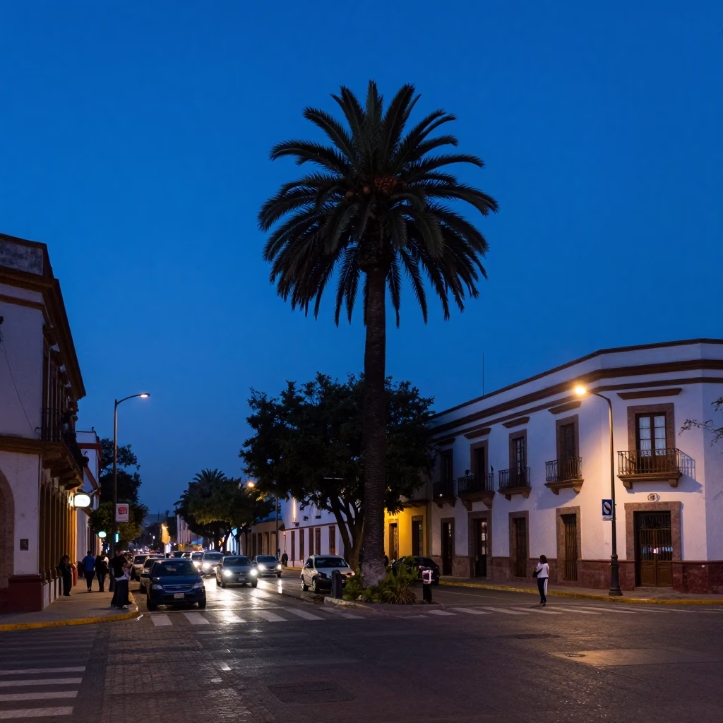 Evening Blue Hour Street Scene in Guadalajara Mexico with Palm Silhouettes in in Guadalajara, Mexico