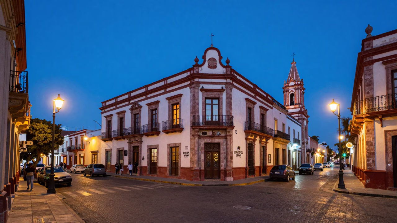 Evening Blue Hour Street Scene in Guadalajara Mexico with Vintage Details in in Guadalajara, Mexico