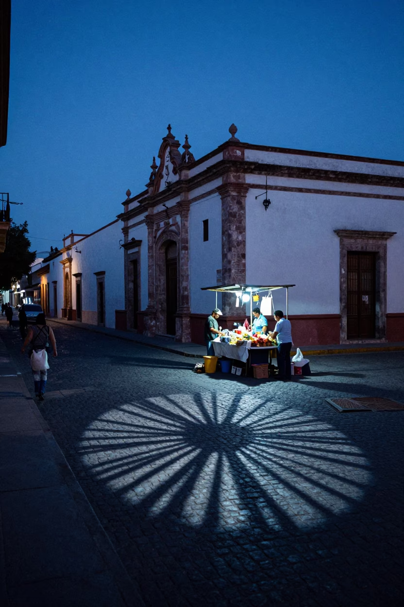 Evening Blue Hour Street Scene in Guadalajara Mexico with Wicker Shadow in in Guadalajara, Mexico