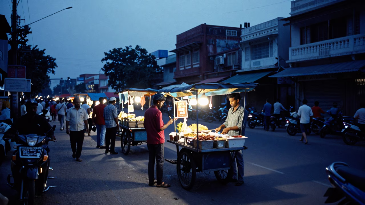 Evening Blue Hour Street Scene in Hyderabad India with Local Vendors and Traffic in in Hyderabad, India