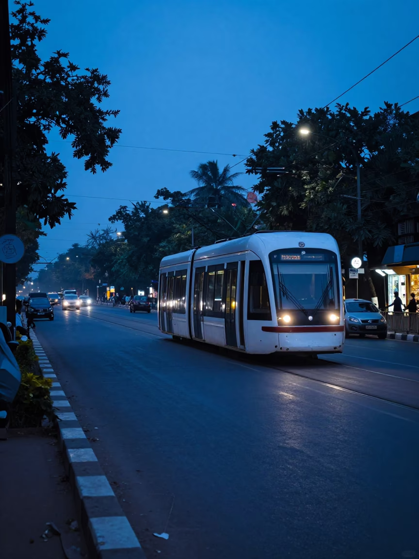 Evening Blue Hour Street Scene in Hyderabad India with Tramcar and Boulevards in in Hyderabad, India