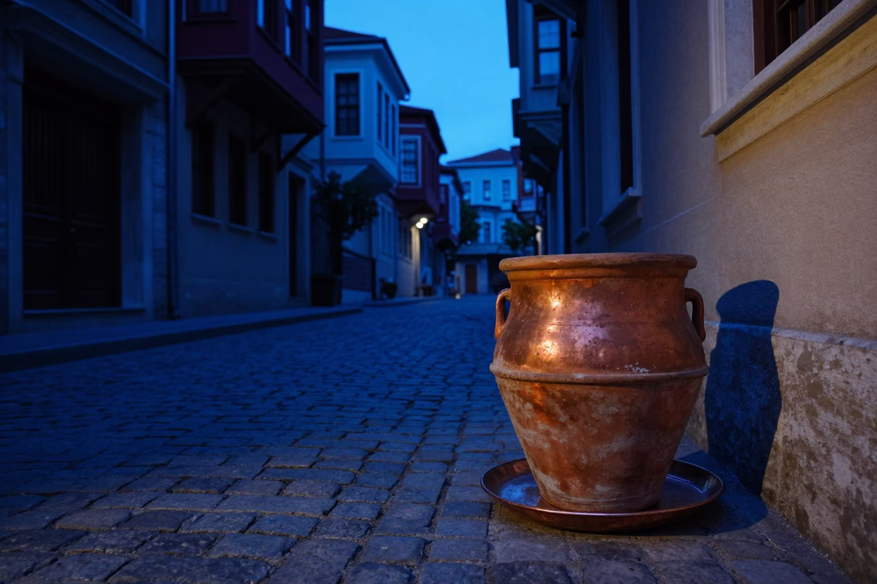 Evening Blue Hour Street Scene in Istanbul Turkey with Copper Trivet and Terracotta Pot in in Istanbul, Turkey