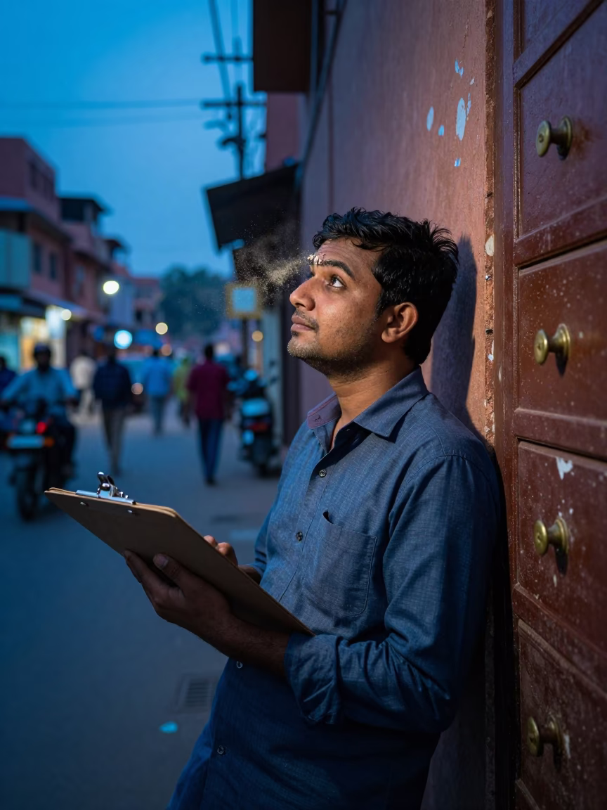 Evening Blue Hour Street Scene in Jaipur India with Clipboard and Weathered Stone Details in in Jaipur, India