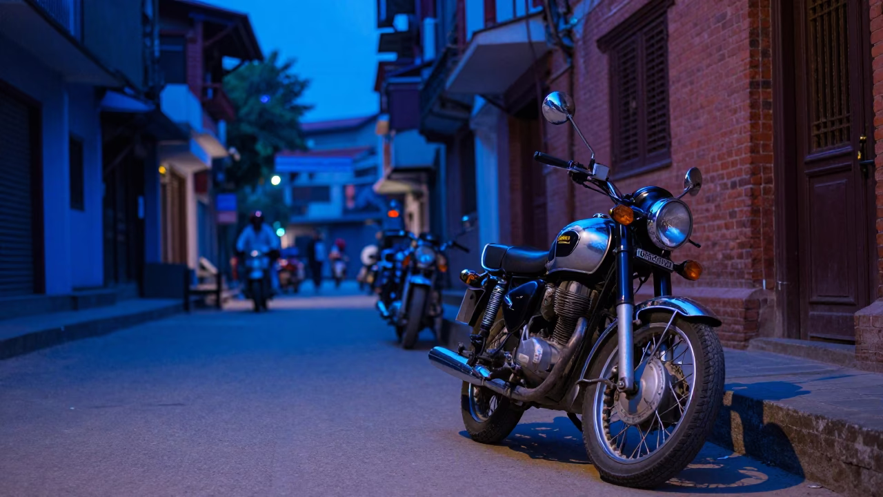 Evening Blue Hour Street Scene in Kathmandu Nepal with Vintage Motorcycle and Local Life in in Kathmandu, Nepal