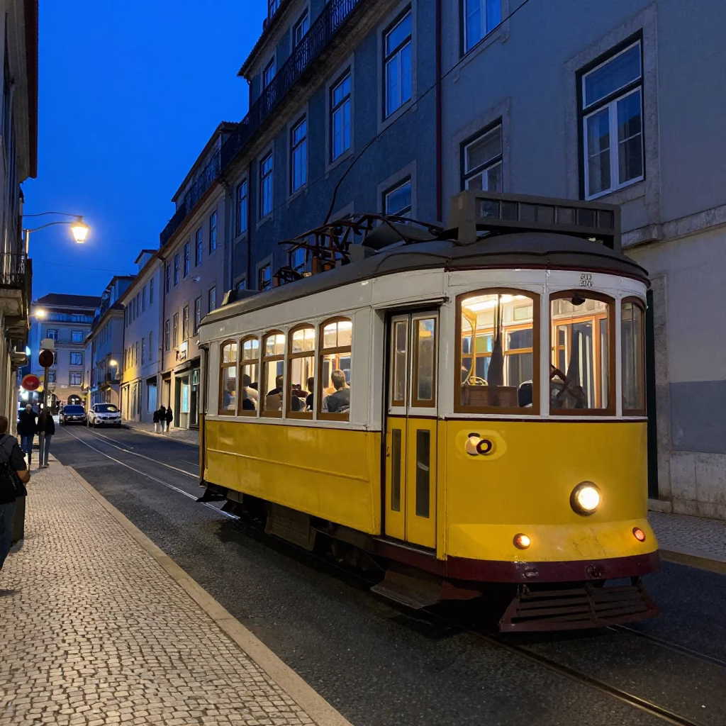 Evening Blue Hour Street Scene in Lisbon Portugal with Tram and Pedestrians in in Lisbon, Portugal