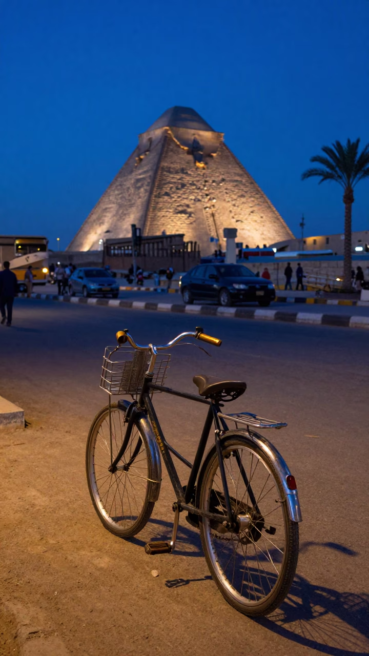Evening Blue Hour Street Scene in Luxor Egypt with Bicycle and Bakery in in Luxor, Egypt