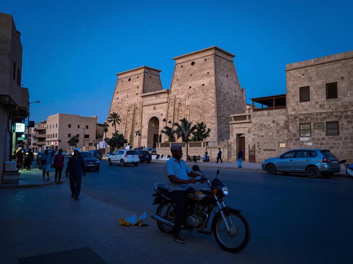 Evening Blue Hour Street Scene in Luxor Egypt with Vendor and Pedestrians in in Luxor, Egypt