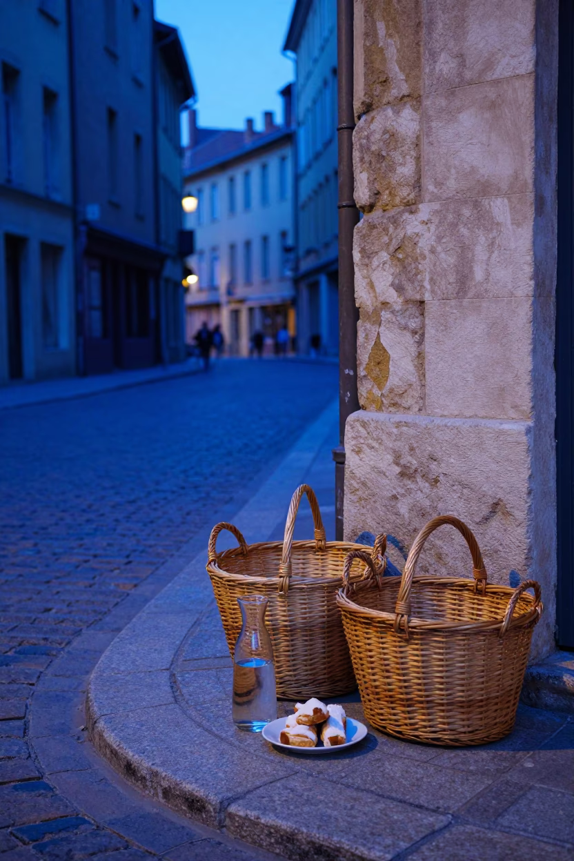 Evening Blue Hour Street Scene in Lyon France with Woven Baskets and Glass Carafe in in Lyon, France